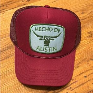 Hecho en Austin Maroon Trucker Hat with Green Patch